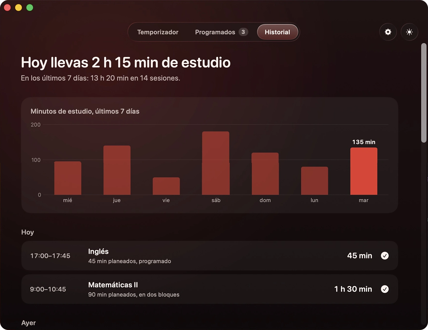 Historial de Tomate en modo oscuro: el resumen de hoy, la gráfica semanal y las sesiones del día
